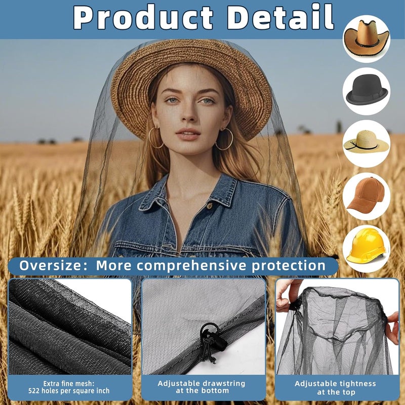JayruiMice Oversized Mosquito Net 42 x 25 Inches Ultra Large Mosquito Head Net Face Neck Fly Mesh Netting Fits All Hats for Outdoor Camping Hiking Fishing Gardening Safari(Black) - Image 3